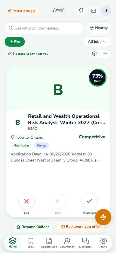 The Spark app home screen: a search bar, a Nearby filter, and a job card showing a BMO co-op in Toronto at a 73% match, with Skip, Back and Interested buttons underneath.
