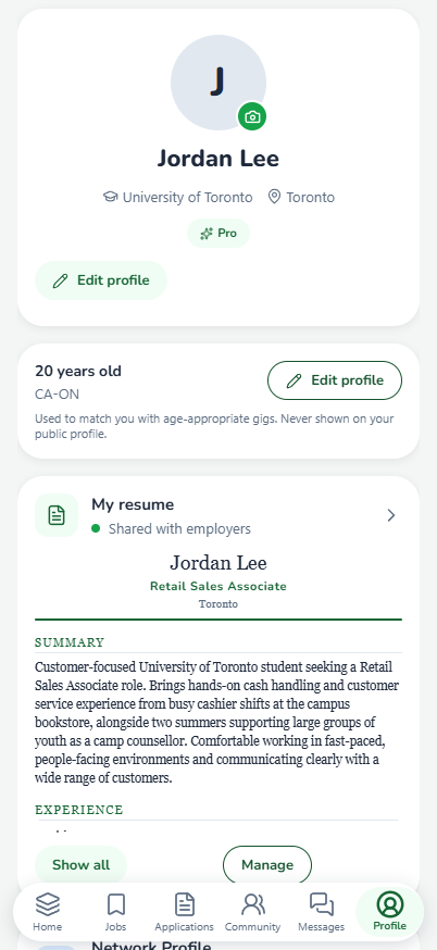 A Spark profile with My resume at the top and a rendered ATS résumé underneath, shown on a demo student account.